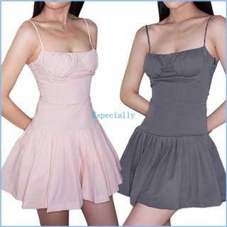 Esp Nữ Ruched Ngực Cổ Vuông Không Tay Chữ A Mini Đầm Mỏng Dây Đeo Vai Chắc Chắn Ôm Eo Đảng Ngắn Dresse