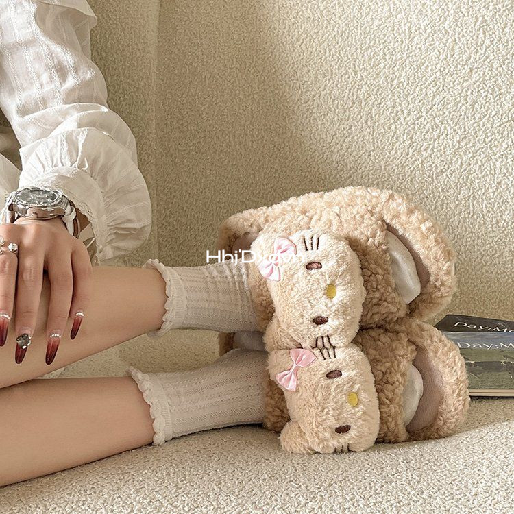 Hello Kitty Búp Bê Lông Dép Nữ Thu Đông Có Thể Mặc Bên Ngoài Nửa Dép Đế Dày Ấm Cotton S