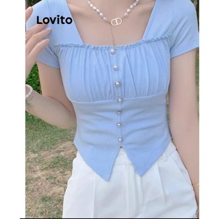 Áo thun Lovito xếp nếp bất đối xứng đính ngọc trai màu trơn thanh lịch cho nữ LNE19105 (Màu xanh dương nhạt)