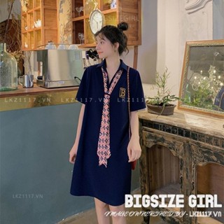 Đầm thun suông ngắn Bigsize 100kg 150kg váy polo nữ dáng xuông tay ngắn cà vạt mùa hè Phong cách hàn quốc thời trang cá tính dễ thương xinh đẹp cho người mập béo nữ