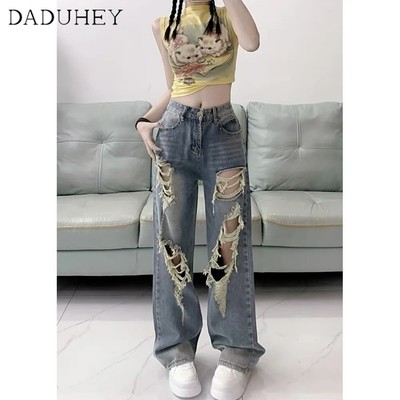 DaDuHey New American Ins High Street Retro Embroidered Jeans Niche High Waist Wide Leg Pants plus Size Trousers