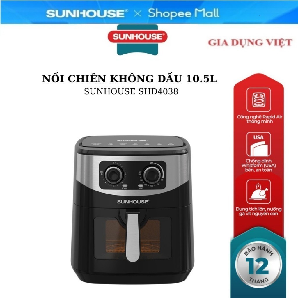 NỒI CHIÊN KHÔNG DẦU 10.5L SUNHOUSE SHD4038
