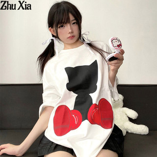 Zhu Xia Áo Thun cotton Ngắn Tay Dáng Rộng In Họa Tiết Hoạt Hình Xinh Xắn Dành Cho Nữ