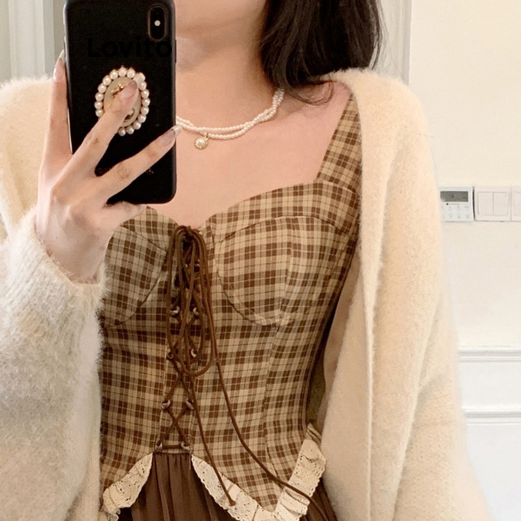 Đầm Lovito đan dây trước kẻ sọc vuông thường ngày cho nữ LNA21204