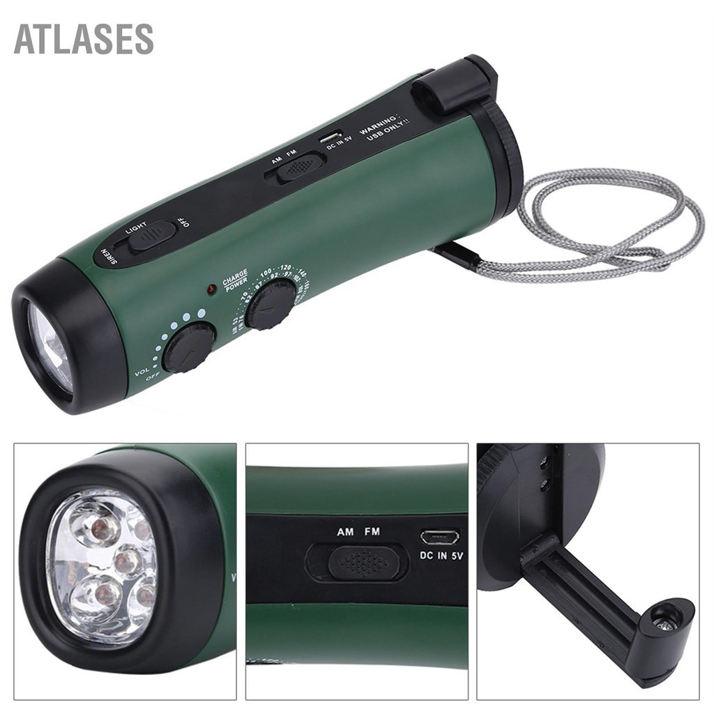 Atlases Đèn LED quay tay đa chức năng Cắm trại pin khẩn cấp Radio Torch Sạc điện thoại Xanh