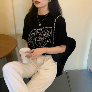 Mùa Hè Phong Cách Mới ins Retro Loose All-Match Line In Hình Áo Thun Nữ Bên Trong Cổ Tròn Đáy Áo T