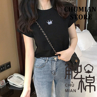 Áo thun ngắn tay thêu vương miện mùa xuân mùa hè cho nữ Slim-fit Slimmer