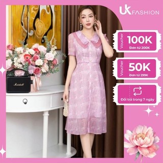 Đầm Tơ Hoa UK FASHION Dáng Xòe Cổ Kép Ngắn Tay Trẻ Trung Thanh Lịch Chất Vải Nhập Hàn Cao Cấp Không Nhăn NKDV2212001