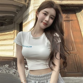 Mùa Hè Phong Cách Mới Ngọt Ngào Cay Phong Cách Top Tay Ngắn Tinh Khiết Desire Phong Cách Crop Umbilical Cao Cấp Ôm Hơn Nhìn Mỹ Áo Thun Ngắn Sát