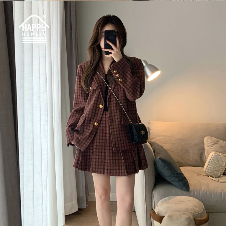 HAPPY HOMLIV Bộ Áo Khoác Vest + Chân Váy Xếp Ly Lưng Cao Phong Cách Preppy Cổ Điển Thời Trang Cho Nữ