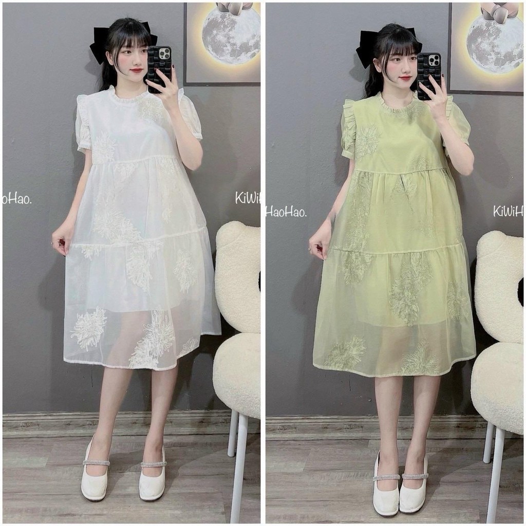 Váy bầu voan lụa thêu hoa H05 đầm bầu dự tiệc cực xinh H05