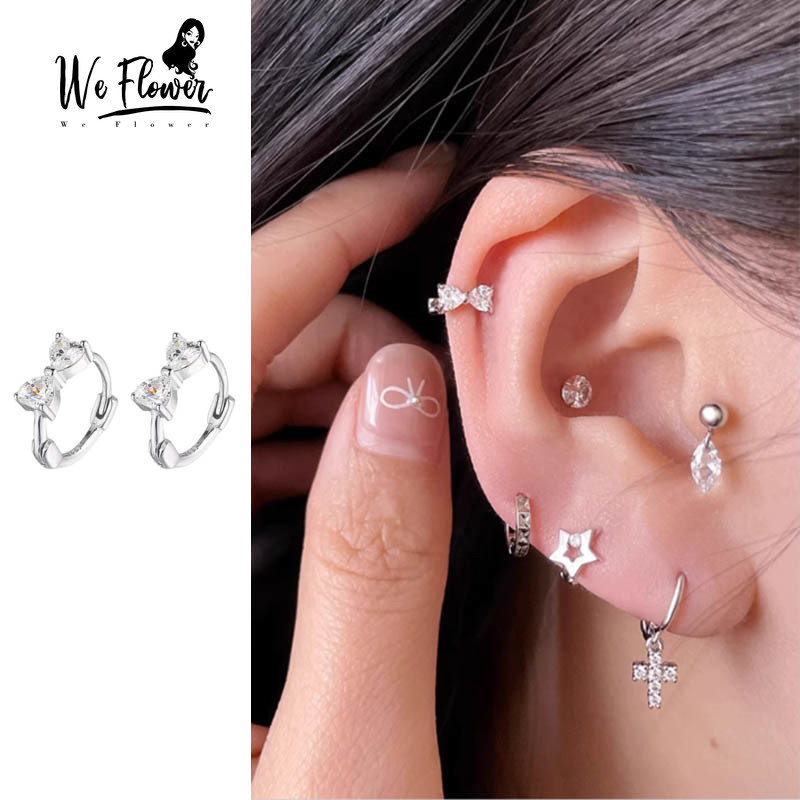 WeFlower s925 Bông tai vòng kiểu nơ bông pha sỏi đá màu kiểu Hàn – đồ trang sức thời trang dành cho cô gái và phụ nữ