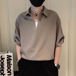 M-3xl ÁO THUN NAM NGẮN TAY Mùa Hè Mới 3 / 4 Tay Cổ Chữ V Thời Trang Rời Băng Slik Áo Sơ Mi Trơn Cho Nam Polo Trang Trọng Đơn Giản Đen / Trắng / Kaki
