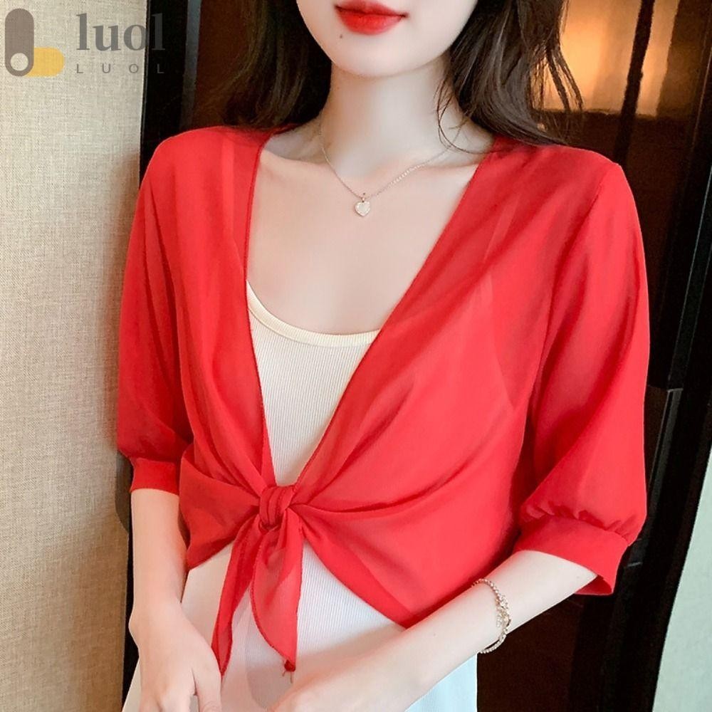 Áo len Cardigan ngắn mỏng LUOL, Khăn choàng voan nửa tay thời trang dành cho nữ, Áo khoác Cardigan đi biển thoáng khí đa năng Quần áo chống nắng