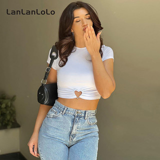 Lanlanlo Nữ 2024 Màu Trơn Thời Trang Đơn Giản Cổ Tròn Tay Ngắn Rỗng Crop Navel Tất Cả Trận Đấu Top