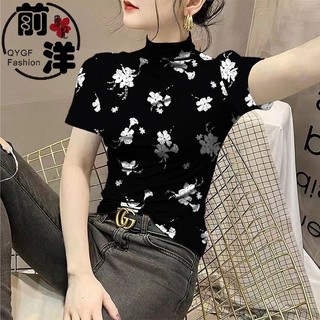 Áo thun ngắn tay nửa cổ cao dành cho nữ bên trong Slim-Fit Mùa hè 2024 Phong cách mới bó sát mỏng hoa hàng đầu