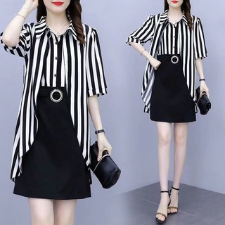 Mùa Hè Phong Cách Mới Plus Kích Thước Giả Hai Mảnh Đầm Béo Em Gái Thời Trang Khâu Rời Bao Bụng Ôm Hơn Nhìn Váy Giảm Tuổi