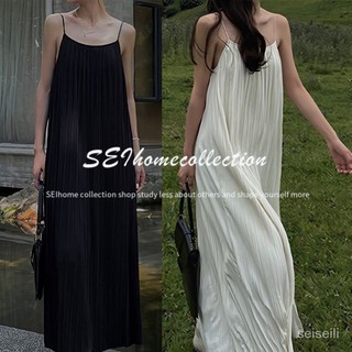 [SEI HOME]Large Size High-End Mid-Length Pleated Suspender Dress Women's Summer Loose All-Match Western Style Age-Reducing Temperament Pleated Dress