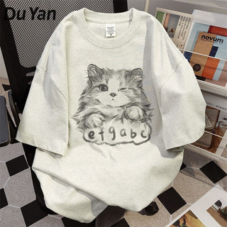 Du YAN American retro mèo graffiti in hình mùa hè áo thun ngắn tay nữ dáng rộng cổ tròn cặp đôi nặng