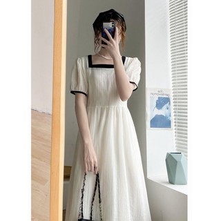 Váy Liền Phong Cách Cổ Vuông Kiểu Pháp Ấm Áp Và Mềm Mại Váy Tương Phản Tôn Dáng Chít Eo Thắt Dây Kiểu Mới Mùa Hè Cho Nữ