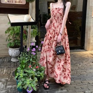 Oeggeo Váy ren in hoa hồng mới mùa hè dành cho nữ Váy đi biển xếp ly