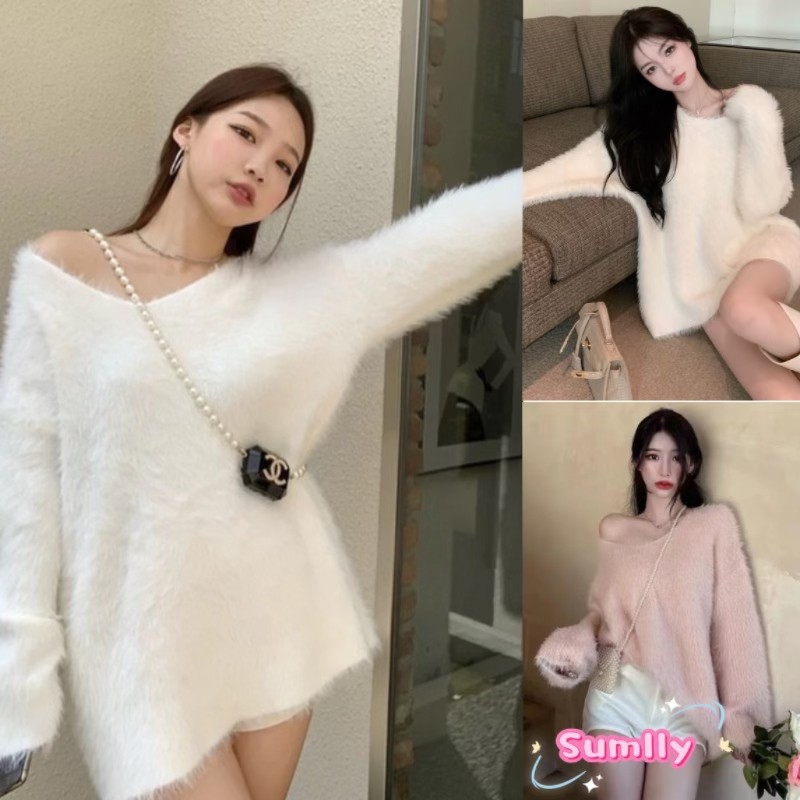 Áo len lông thỏ cổ chữ V trễ vai rộng rãi dài huy hiệu bán trực tiếp tại trung tâm mua sắmdệt kim