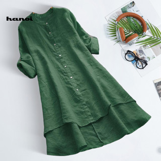Han _ Áo sơ mi nữ thường ngày thân thiện với da Áo sơ mi nữ cổ tròn dài tay có nút Placket dáng rộng vừa vặn cho các tín đồ thời trang Đông Nam Á