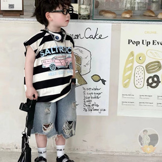 Bộ Đồ Mùa Hè Bé Trai Phong Cách Mới Trẻ Em Sọc Áo Vest Không Tay Phiên Bản Hàn Quốc Rách Quần Short Denim Hai Mảnh Hợp Thời Trang