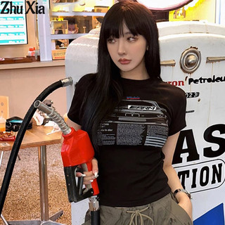 Zhu Xia Áo Thun cotton Ngắn Tay Dáng Ôm In Họa Tiết Màu Đen Phong Cách Hàn Quốc