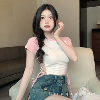 Áo thun nữ Pure Desire để tương phản Màu sắc bó sát buộc dây ngắn mùa hè Thiết kế sang trọng Sense Midriff Trang phục Jazz Dancing Top