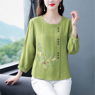 Áo sơ mi nữ thêu cổ tròn khâu áo sơ mi cỡ lớn