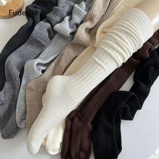 Fudeshe Tất dài nữ, Tất bê dệt kim bằng vải Cotton thông thường, Vớ đùi len trơn trên đầu gối dài lông tơ cao đến đầu gối