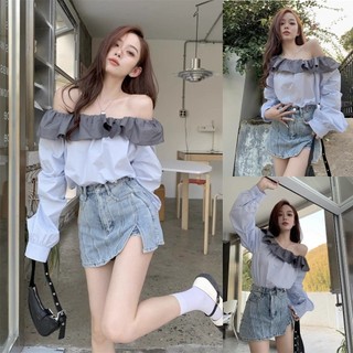 Áo sơ mi màu tương phản Áo sơ mi viền xù nữ Áo kiểu Pháp mới