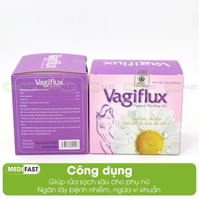 ( Tặng bàn chải) Bình rửa âm đạo Vagiflux 1 bình xịt và 10 ống dung dịch, dung dịch vệ sinh rửa phụ khoa