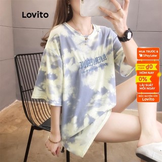 Áo thun Lovito L02005 dáng rộng họa tiết màu xanh dương thời trang năng động
