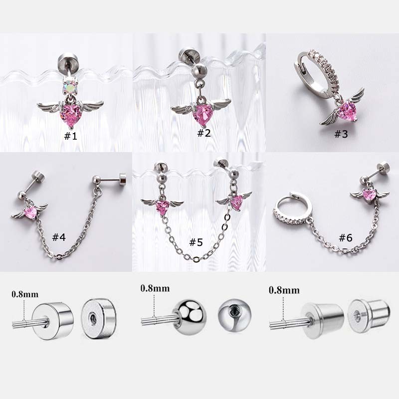 1 Mảnh Hồng Zircon Trái Tim Sụn Bông Tai Bông Ngọt Mát Dây Xích Cánh Thép Không Gỉ Bông Tai Xoắn Pinna Xuyên
