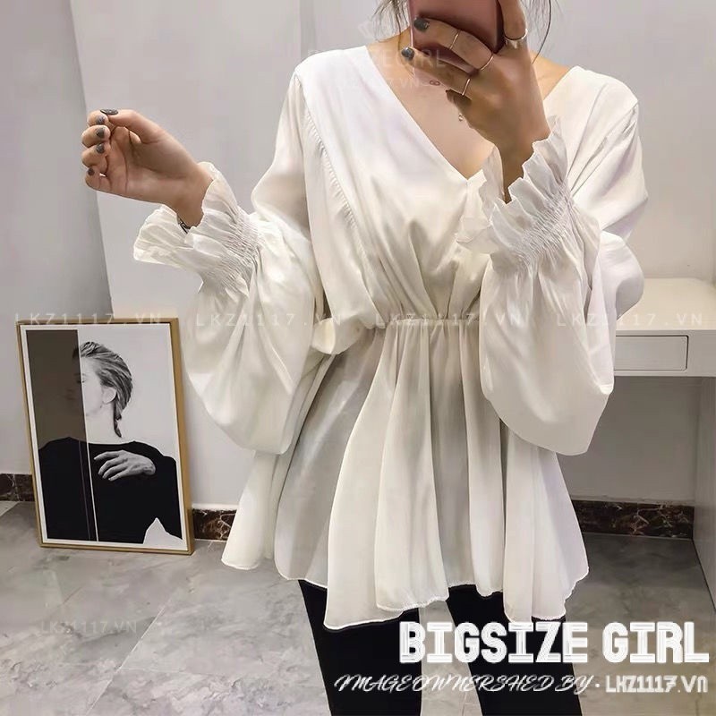 Áo sơ mi nữ tay dài Bigsize Áo cánh dơi voan form rộng cổ chữ v trắng Mùa Hè Phong cách Hàn Quốc Thời Trang đẹp