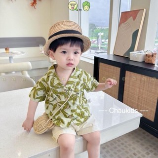 Đồ bộ cho bé trai kimchibaby vải thô đũi hoạ tiết hoa lá, bộ quần áo mặc đi biển cho bé ck444
