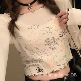 Thiết Kế Ban Đầu Vẽ Tay Graffiti In Nấm Áo Thun Dài Tay Slim Fit Giảm Béo Ngọt Ngào Và Cay Đầu Thu Thường Ngày Hàng Đầu