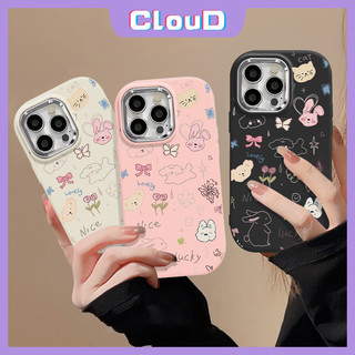 Ốp lưng chú gấu dễ thương Lucky Bunny Tương thích cho IPhone 7Plus 11 15 14 12 13 Pro Max XR 8 7 Plus XS Max X SE 2020 Hoa nghệ thuật Bướm Graffiti Palting Ống kính kim loại Vỏ Tpu mềm