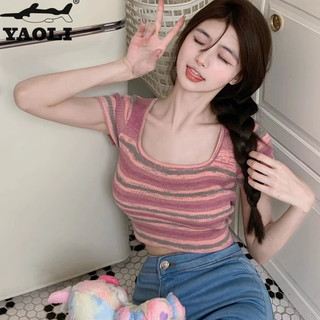 Áo thun ngắn cổ vuông YAOLI dành cho nữ, áo thun dệt kim sọc eo cao thích hợp dành cho nữ
