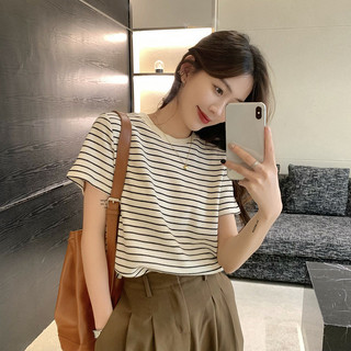 Áo coquette tay ngắn Áo ôm body Áo thun ôm body Áo thun ngắn tay cổ tròn dáng rộng cổ điển sọc