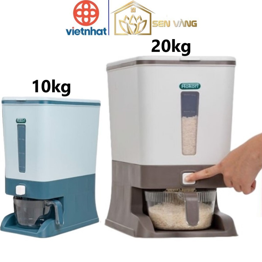 Thùng đựng gạo thông minh HOKORI nhựa VIỆT NHẬT cao cấp - 10kg, 20kg, ca đong, ấn nút lấy gạo 5338/9