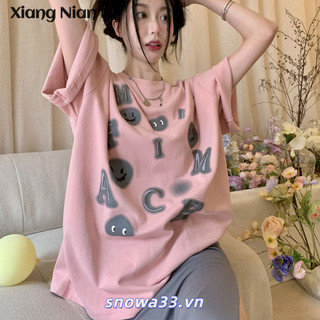 Xiang NIAN NI 2024 Áo thun cotton nguyên chất mới in chữ Hàn Quốc dáng rộng ngọt ngào