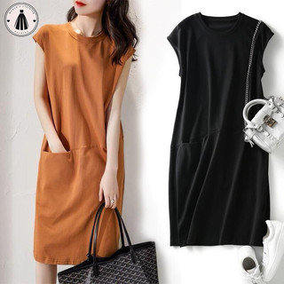 Hormoo Váy dài đến đầu gối không tay phong cách Hàn Quốc dành cho nữ màu trơn phong cách giản dị váy chữ T giảm béo dáng rộng