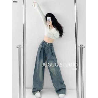  Heza quần ống rộng quần nữ jean Vintage Hàn Phong Phong cách Thể thao WNK23906F8 5Z240130 