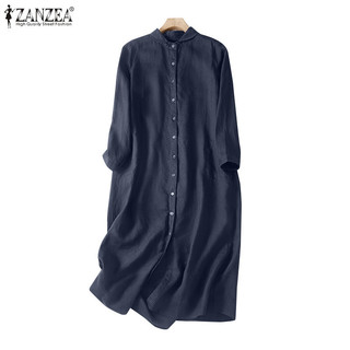 Đầm sơ mi ZANZEA tay dài màu trơn cổ đứng thời trang thường ngày cho nữ 