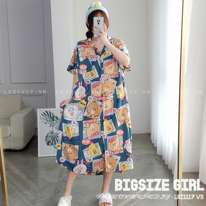 váy mặc nhà nữ Bigsize Đầm ngủ dai ,Váy ngủ tay ngắn dáng suông có cổ dễ thương họa tiết hoạt hình mùa hè Phong Cách hàn quốc đẹp Thanh Lịch cho nữ