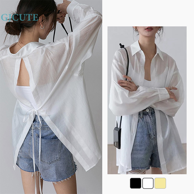 Gjcute Áo sơ mi voan tay phồng áo sơ mi nữ xẻ sau khoác ngoài mặc đi biển, du lịch form rộng dài tay mỏng nhẹ