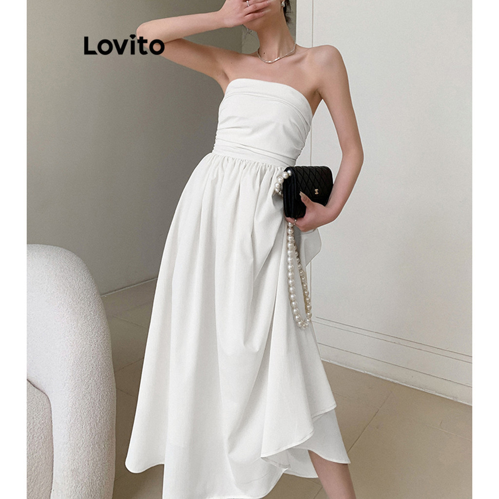 Đầm Lovito xếp nếp màu trơn thường ngày cho nữ L76AD156